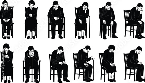 Elderly people silhouettes sitting on chairs showing aging emotions, loneliness, reflection, sadness, and senior life stages illustrated in expressive poses