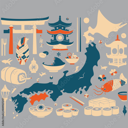 Travel to Japan set, culture elements and landmarks, food in round infographic banner. Map and flag of country, Maneki Neko lucky cat and sakura, tea ceremony and sushi cartoon vector illustration