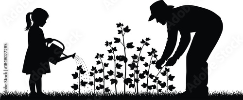 Silhouette of father and daughter gardening together, girl watering plants with can, man tending crops, black and white vector illustration, family farming concept