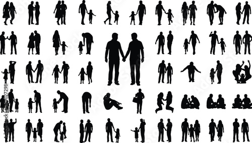 Family silhouettes collection showing parents and children in everyday activities illustrating relationships, love, care, and modern family life concept