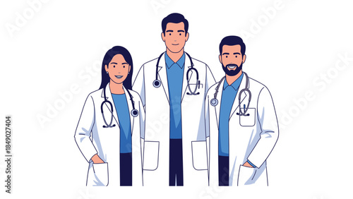 Medical Professionals: A team of dedicated medical professionals, exuding confidence and expertise, stands united. Dressed in crisp white coats, the trio embodies the spirit of healing and compassion.
