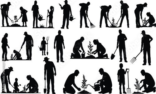 Gardening people silhouettes set showing planting, watering, and yard work activities, family teamwork, nature care, and outdoor lifestyle