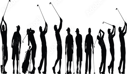 Golf players silhouettes in swing and stance positions illustrating outdoor sport, athletic motion, competition, and professional golf activity concept