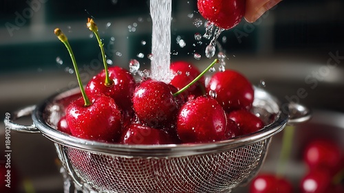 Washing fresh red cherries under running water a metal colander, preparing healthy sweet and fruit clean