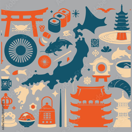 Travel to Japan set, culture elements and landmarks, food in round infographic banner. Map and flag of country, Maneki Neko lucky cat and sakura, tea ceremony and sushi cartoon vector illustration