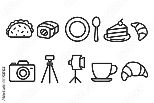 Food and photography outline icon set. Meals, sweets, cameras in outline design