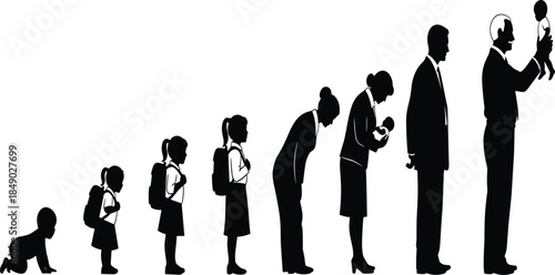 Human life cycle silhouettes from baby to parent showing growth, education, career, family, aging, and generational development concept