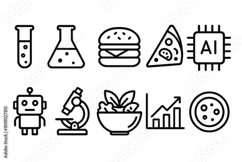 Science, food, technology outline icon set. Experiment, ai, robotics, cuisine collection