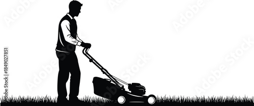 Silhouette of man mowing the lawn with machine, gardener cutting grass in backyard, landscaping worker, black and white vector illustration, outdoor garden maintenance