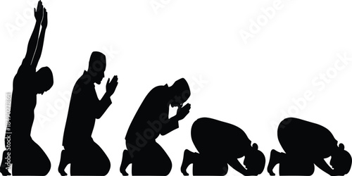 Muslim prayer silhouettes showing stages of Islamic worship from standing to prostration illustrating faith, devotion, spirituality, and religious ritual concept