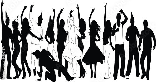 Party crowd silhouettes dancing together, celebrating joy, music, nightlife energy, freedom, and vibrant social event atmosphere on white background