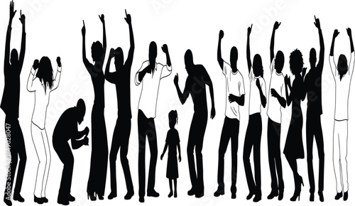 Diverse people cheering silhouette illustration showing group celebration unity excitement and joyful emotions black and white vector design