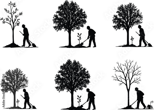 Silhouette of man planting tree, environmental conservation vector illustration showing nature care, eco-friendly lifestyle, reforestation, green sustainability, and earth protection concept art