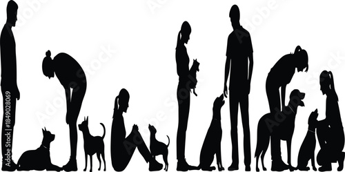 People with dogs silhouettes showing pet care, training, bonding moments, family lifestyle, companionship, and responsible animal ownership concept