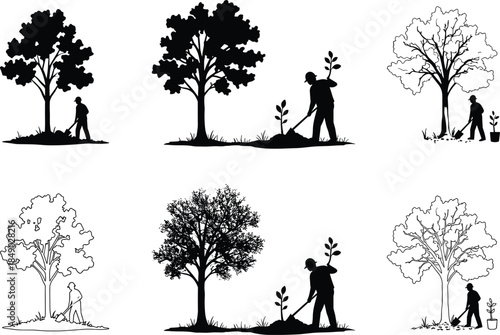 Silhouette of man planting trees, environmental conservation vector illustration showing nature care, reforestation, earth protection, eco-friendly lifestyle, green environment awareness art