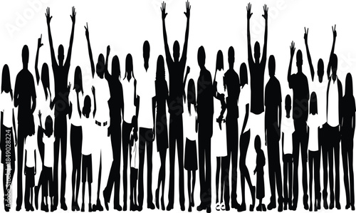 Large group of people silhouettes standing together with raised hands, community unity, diversity, participation, and social gathering concept