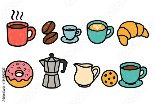 Coffee and bakery icon set with hand-drawn style, perfect for cafes and menus