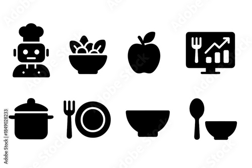 Culinary, cooking silhouette icon set. Chef, food, kitchen, utensils in silhouette style.