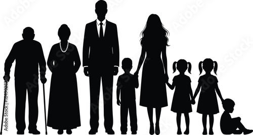 Extended family silhouettes with grandparents, parents, and children standing together illustrating generations, unity, love, care, and family life concept