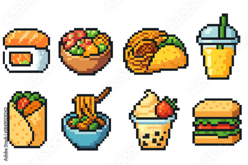 Food and drink pixel icon set. Fast food, beverages, snack icons pixel collection