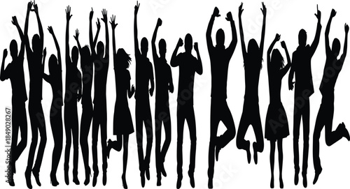 Jumping people silhouettes celebrating happiness and freedom, energetic crowd unity, success, teamwork, and joyful social event atmosphere on white background