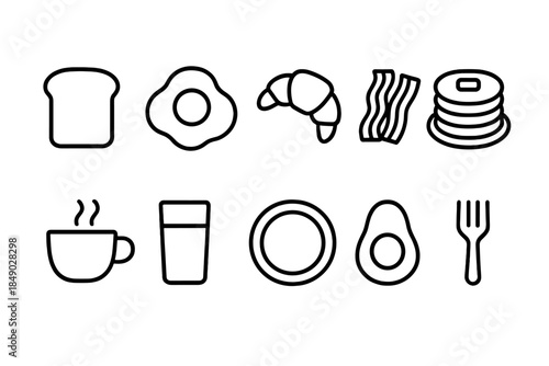 Breakfast food outline icon set. Coffee, avocado, pastry line icons collection