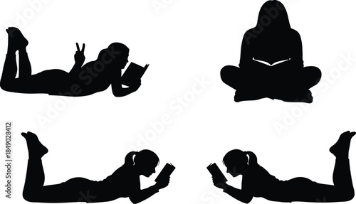 Reading woman silhouettes in relaxed poses illustrating education, leisure, imagination, learning, and peaceful lifestyle concept isolated on white background