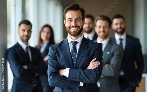 businessman posing with his arms crossed with his colleagues in the background. High quality