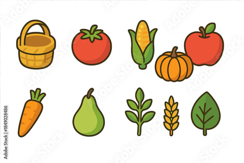 Harvest, autumn filled icon set. Farm produce, vegetables, fruits, nature icons collection.