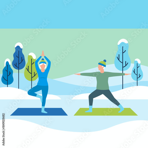 Senior man and woman illustration practicing yoga outdoors for Well-being and Active Aging Fitness and Wellness against a snowy winter landscape background
