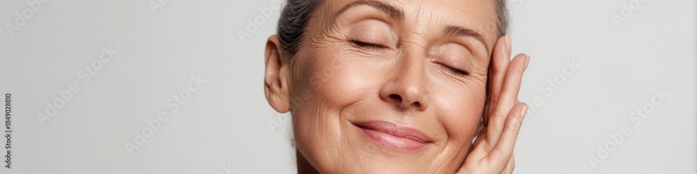 Obraz premium Mature caucasian female smiling with eyes closed in relaxed pose