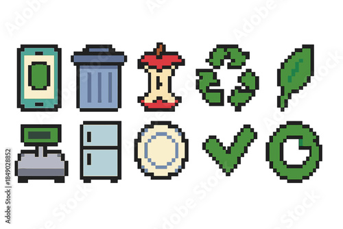 Pixel art icon set for recycling and sustainability: filled style collection