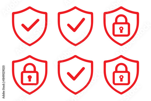 Set of security shield icons, security shields logotypes with check mark and padlock. Security shield symbols. Vector illustration.