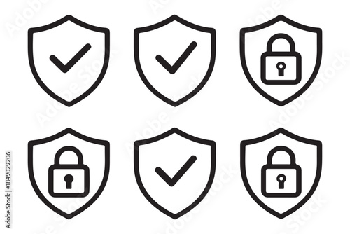 Set of security shield icons, security shields logotypes with check mark and padlock. Security shield symbols. Vector illustration.