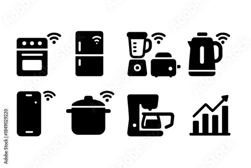 Smart home appliances silhouette icon set with various kitchen, device icons
