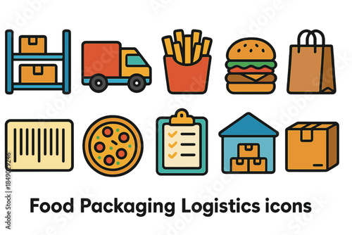 Food delivery flat icon set. Packaging, logistics, delivery icons flat collection.