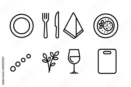 Dining and kitchen line icon set. Cutlery, dishware, outline kitchen icons collection.