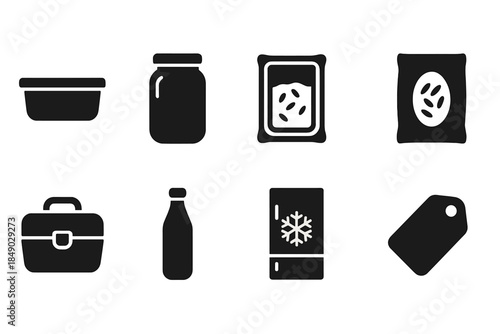 Black food storage filled icon set. Kitchen, container, pantry icons filled style.