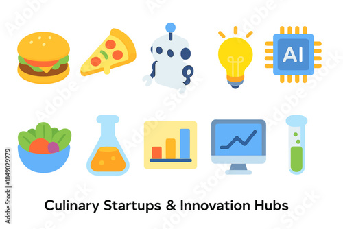 Culinary innovation hub 3d icon set. Food tech, startup, robot, ai 3d collection