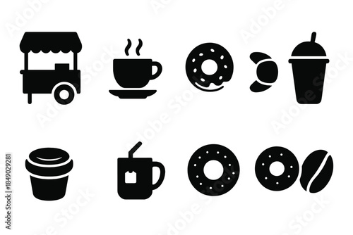 Coffee and cafe silhouette icon set. Beverage, snack collection in solid style