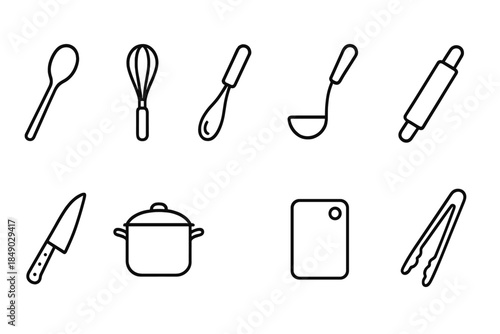 Kitchen tools linear icon set. Cooking utensils line icons collection for culinary design