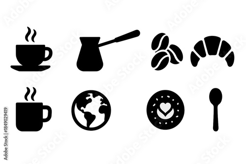 Coffee and breakfast silhouette icon set. Morning beverage icons in silhouette style