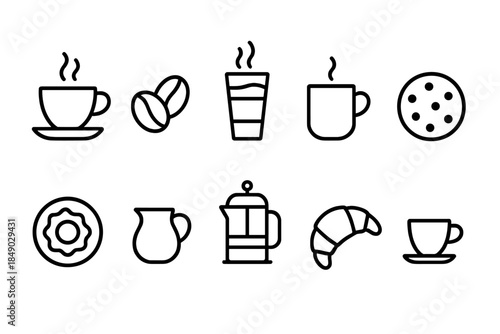 Coffee and beverage outline icon set. Cups, mugs, donuts, cookies, and cafe drinks.