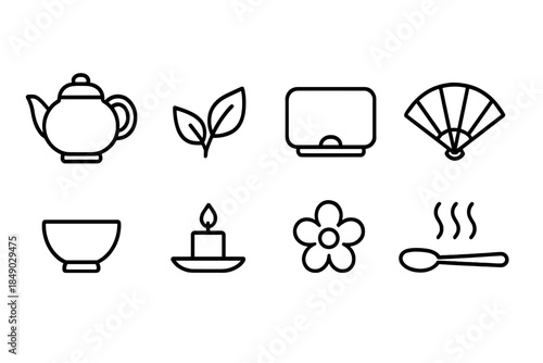 Asian culture outline icon set. Tea, nature, and culinary elements in outline style.