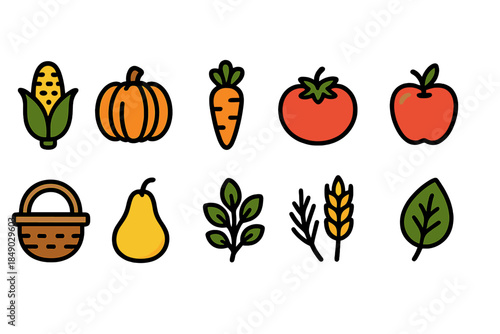 Harvest vegetables filled icon set. Autumn vegetables and fruits collection.