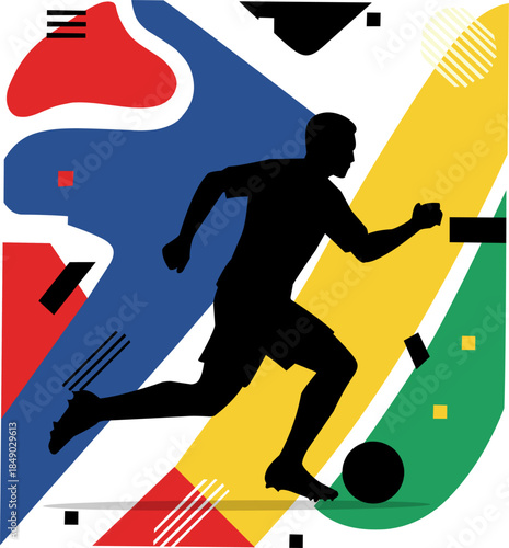 Dynamic soccer player running with the ball in a stylized background. Ideal for sports blogs, social media, and brochures.