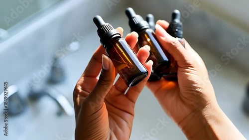 Person holding three amber glass dropper bottles in bathroom  