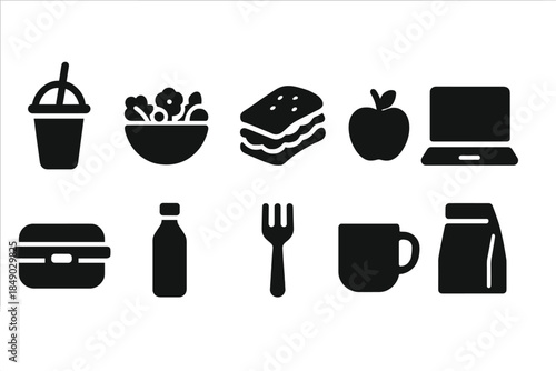 Food and beverage silhouette icon set. Meal, drink, snack silhouette collection.