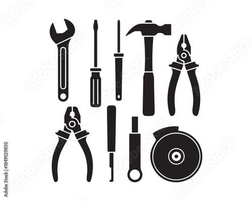 mechanic tools, ratchet wrench, Hammer, gear symbol, torque wrench, oil can, spanner pair, hex nut, flat screwdriver silhouette, mechanic tools black vector silhouette illustration different set