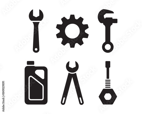 mechanic tools, ratchet wrench, Hammer, gear symbol, torque wrench, oil can, spanner pair, hex nut, flat screwdriver silhouette, mechanic tools black vector silhouette illustration different set